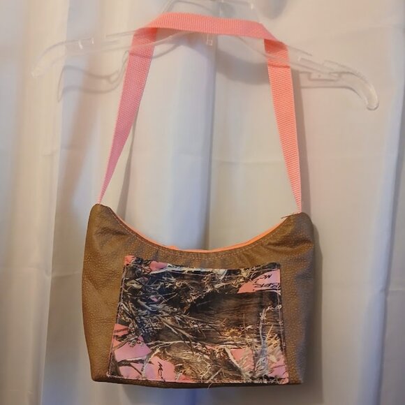 New Vinyl Camo Top handle Shoulder Bag Purse Hot Pink Brown Crescent Baguette - Picture 6 of 9